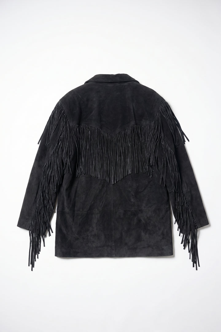 Black fringed jacket on a white background