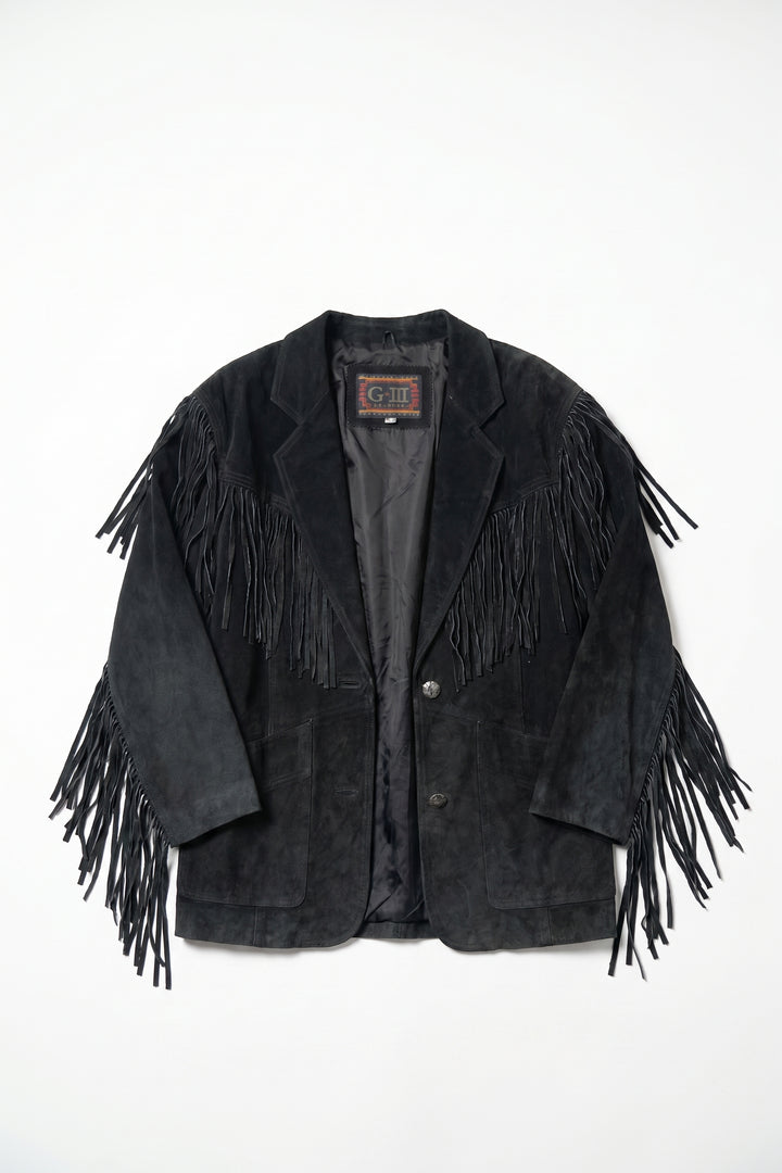 Vintage G-III Premium Black Suede Fringe Long Jacket