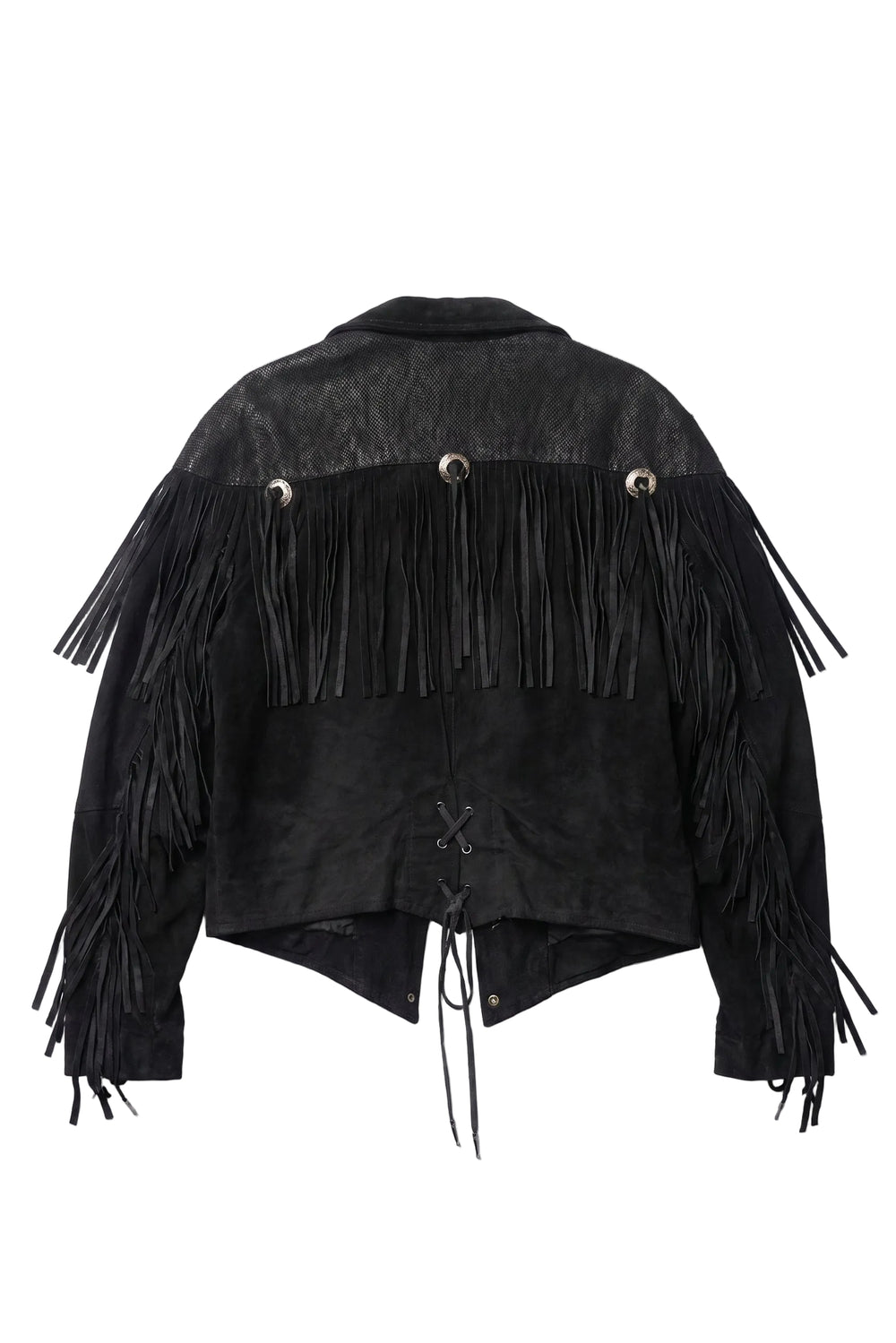 Black fringed jacket on a white background