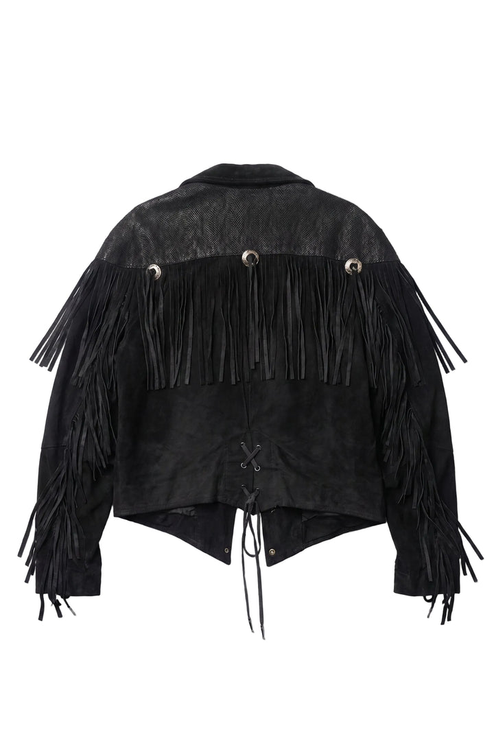 Black fringed jacket on a white background