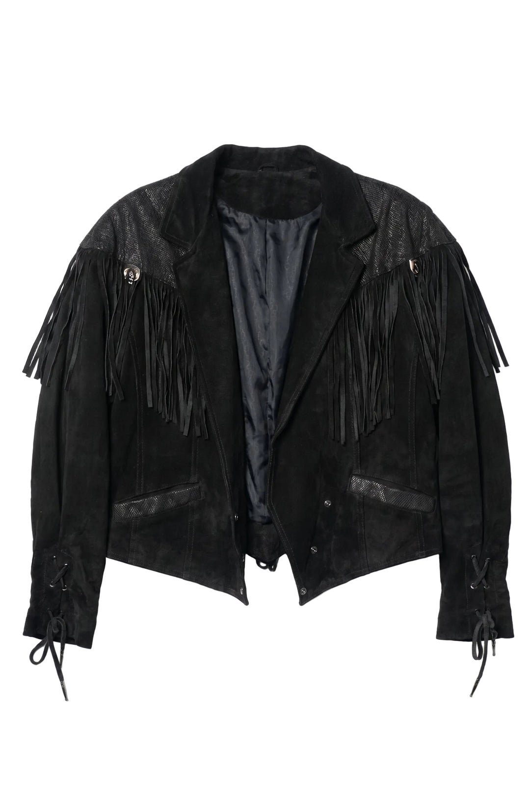Black suede jacket with fringes on a white background