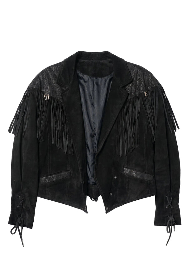 Black suede jacket with fringes on a white background