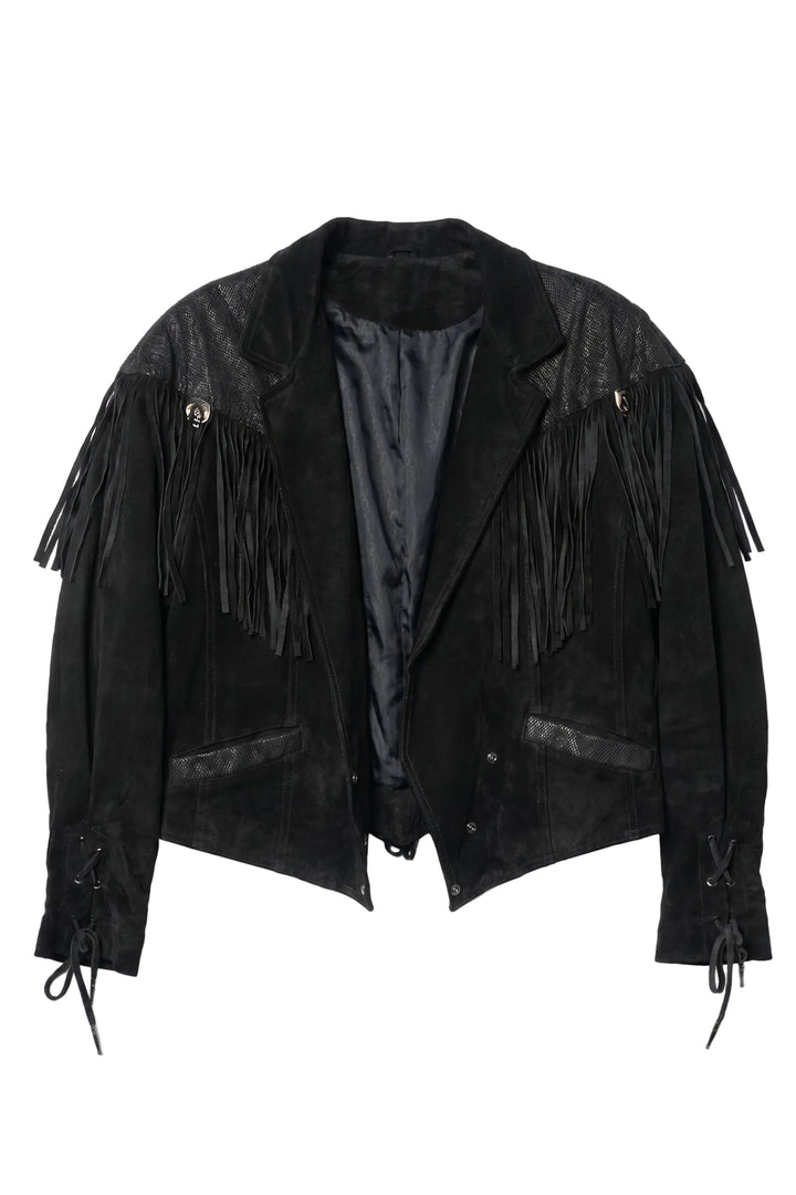 Black suede jacket with fringes on a white background