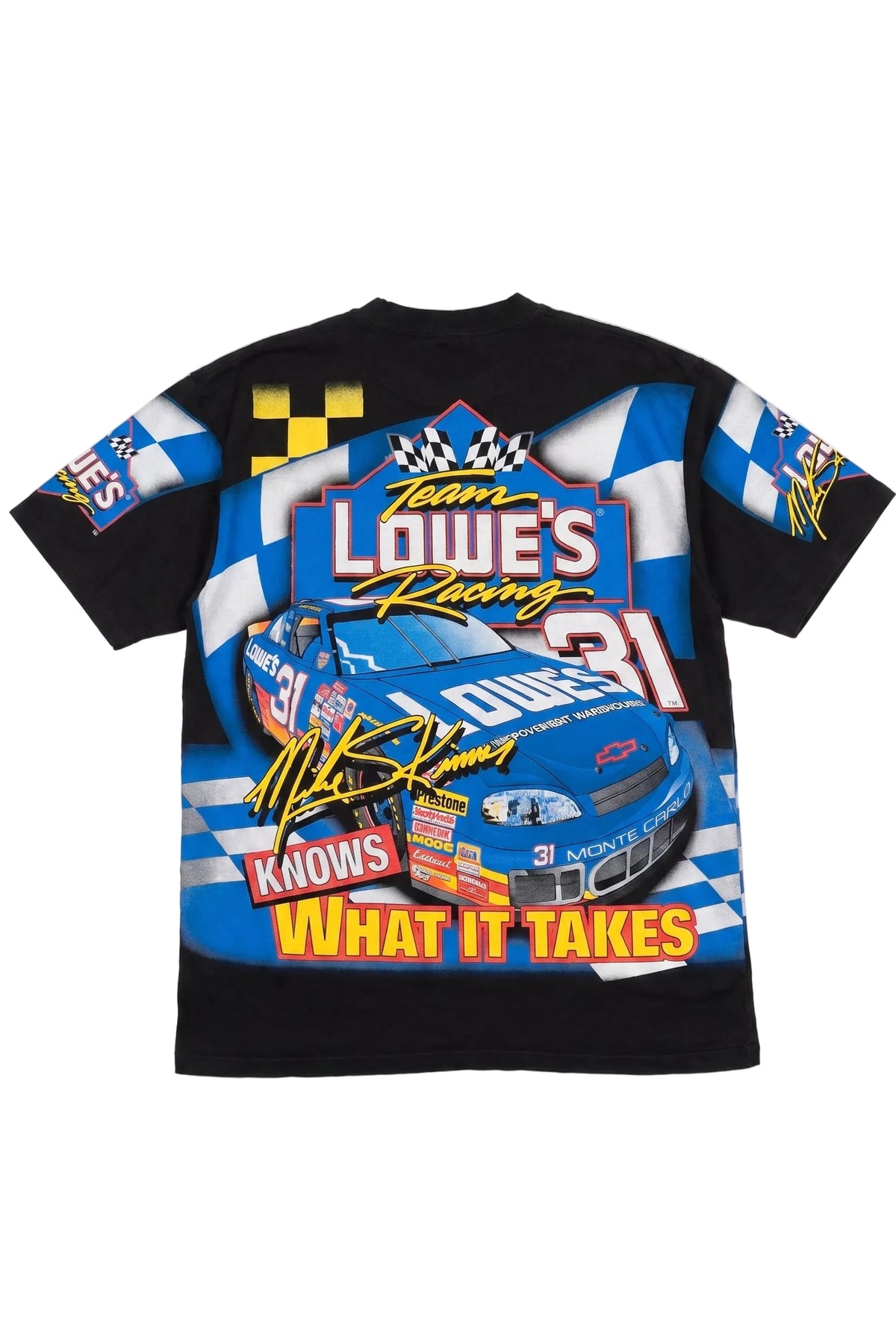 T-shirt with racing car design and 'Lowes' branding on a white background