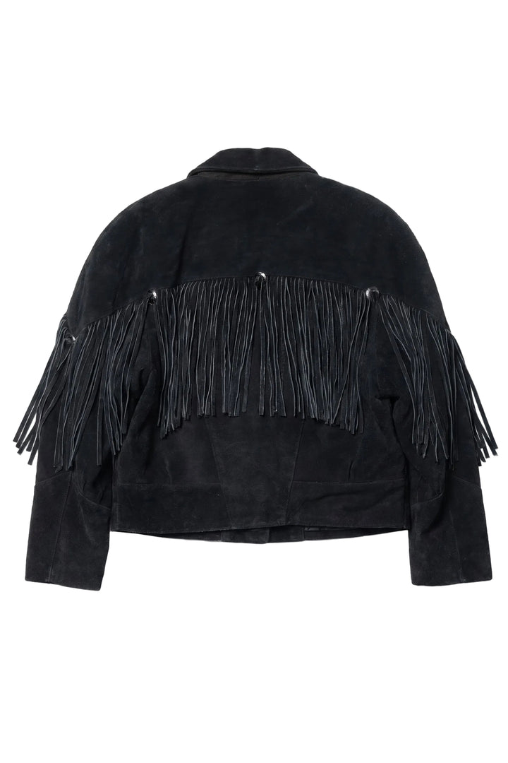 Black fringed jacket on a white background