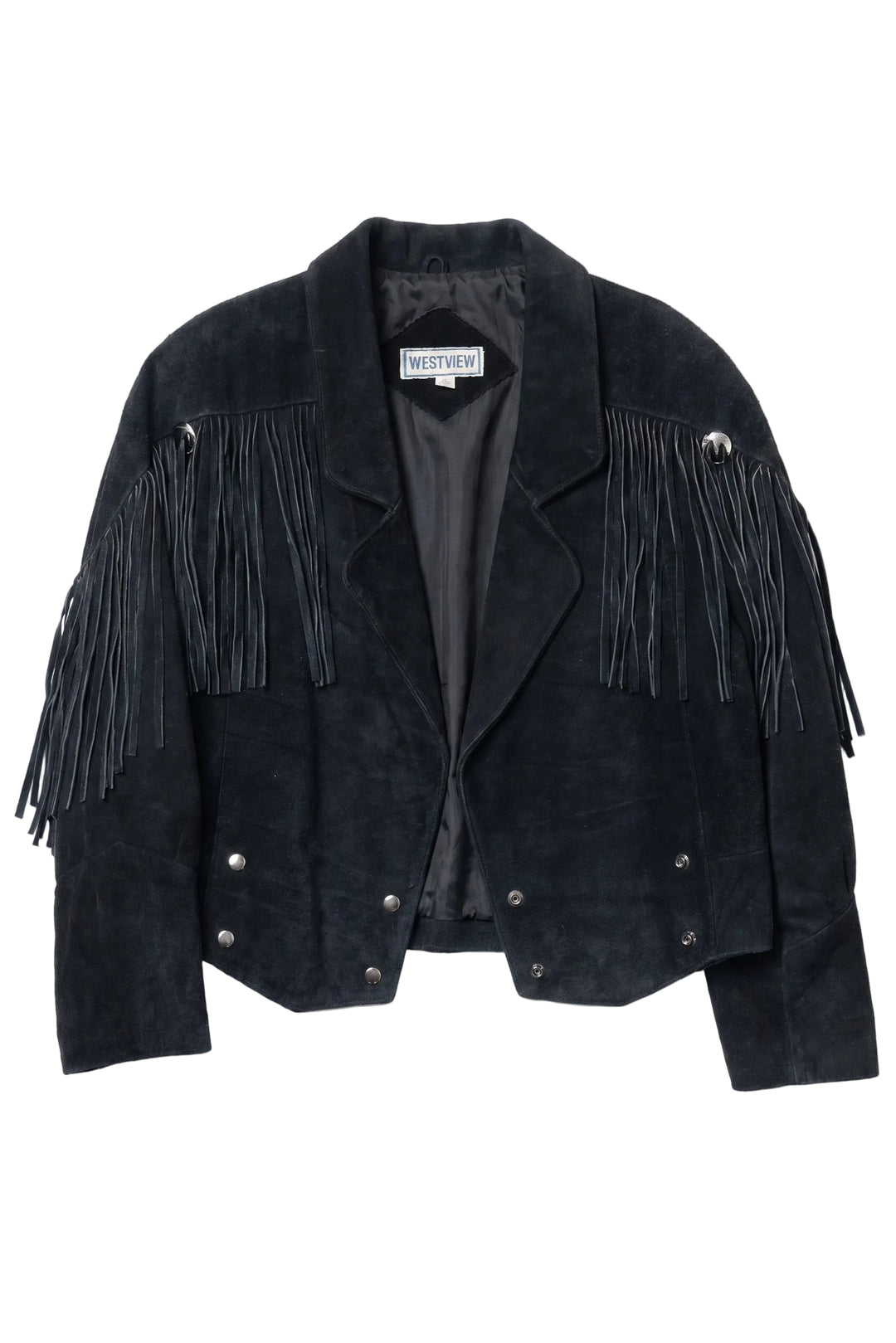 Black suede jacket with fringe details on a white background