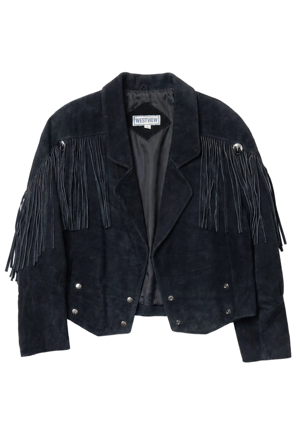 Black suede jacket with fringe details on a white background