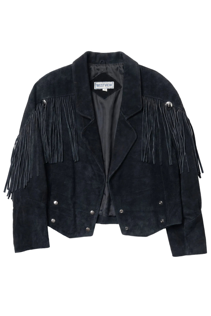 Black suede jacket with fringe details on a white background