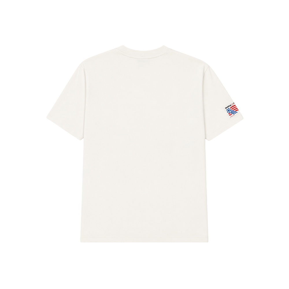 White t-shirt with a small logo on the chest against a white background