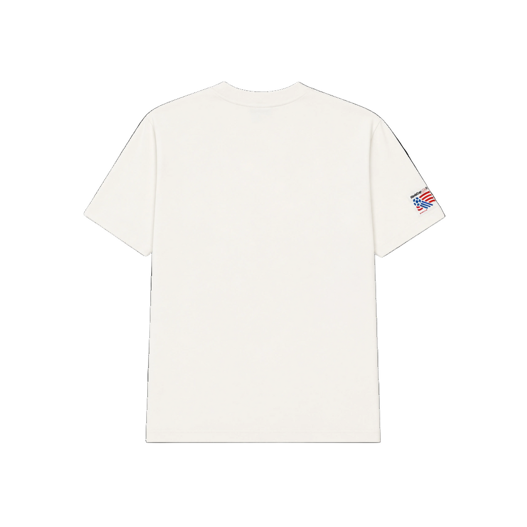 White t-shirt with a small logo on the chest against a white background