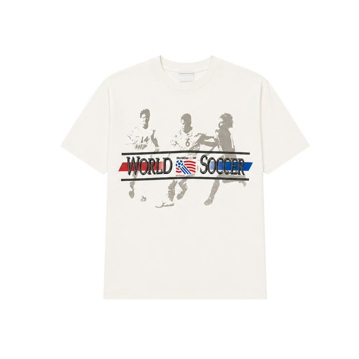 White t-shirt with soccer-themed graphic and text on a white background