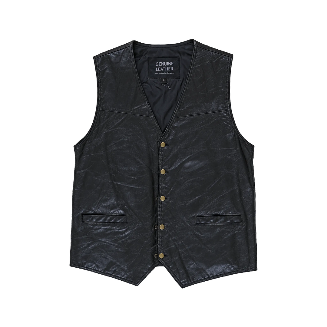 Black Genuine Leather Gold Snap Front Leather Vest