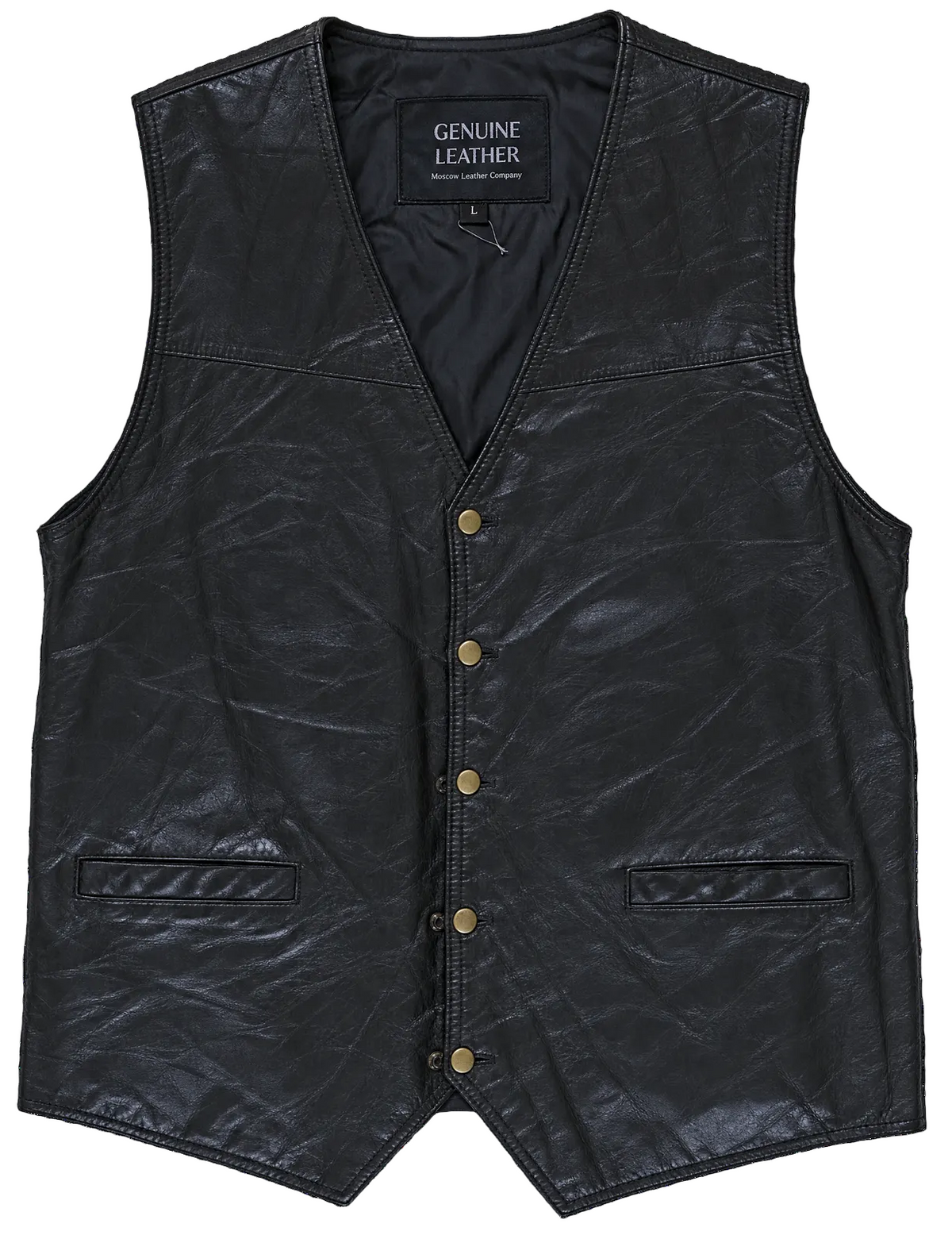 Black Genuine Leather Gold Snap Front Leather Vest