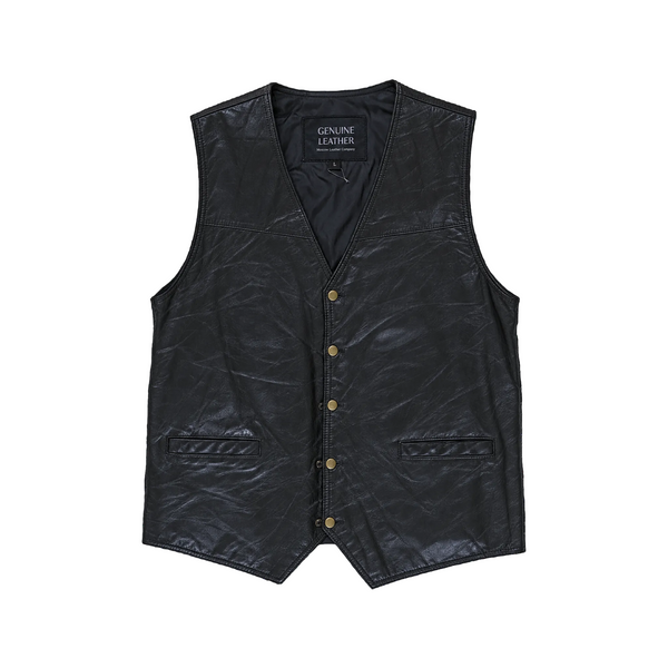 Black Genuine Leather Gold Snap Front Leather Vest