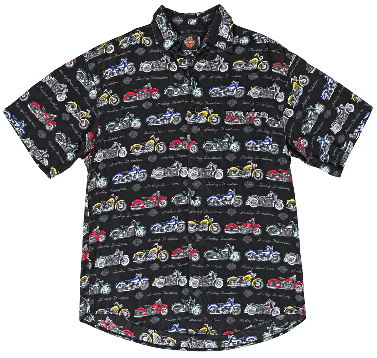 Vintage Silk Harley Davidson Pattern Button-Up Short Sleeve Shirt