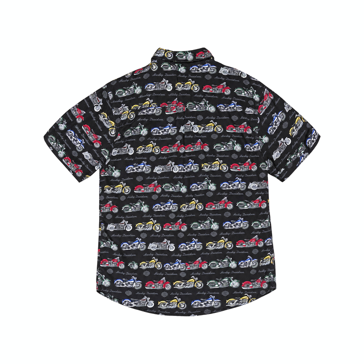 Vintage Silk Harley Davidson Pattern Button-Up Short Sleeve Shirt