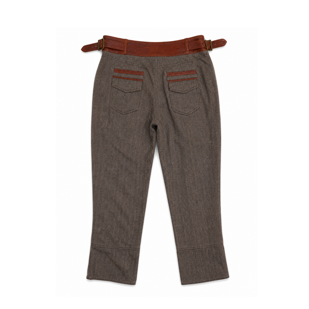 Roberto Cavalli Brown Leather Belted Herringbone Riding Trousers