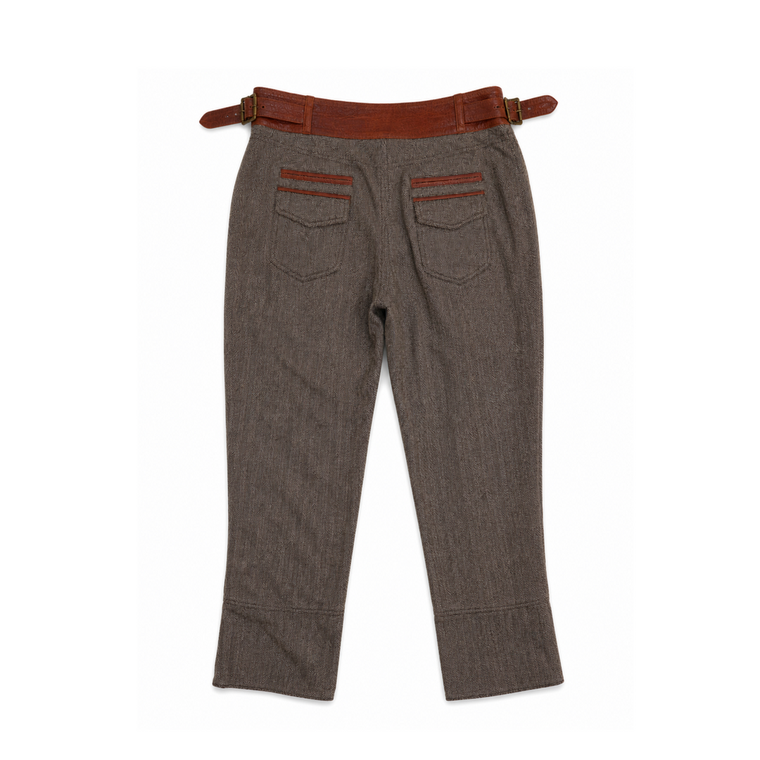 Roberto Cavalli Brown Leather Belted Herringbone Riding Trousers