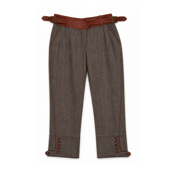 Roberto Cavalli Brown Leather Belted Herringbone Riding Trousers