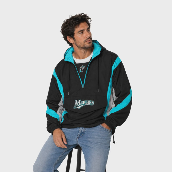 DNA in motion — Vintage Florida Marlins Black &amp; Teal Pullover Windbreaker Jacket turnaround
