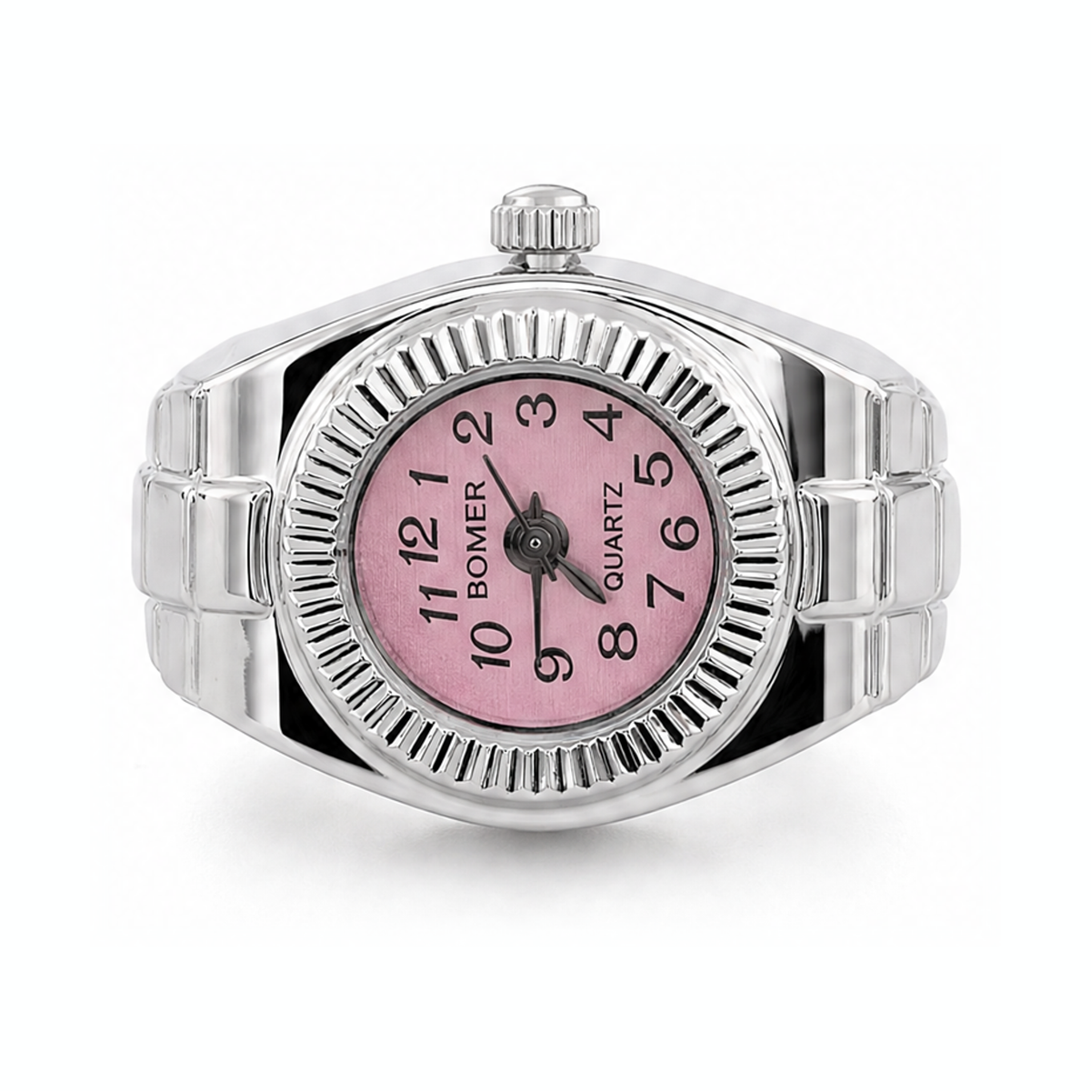 Silver Tone Pink Dial Ring Watch