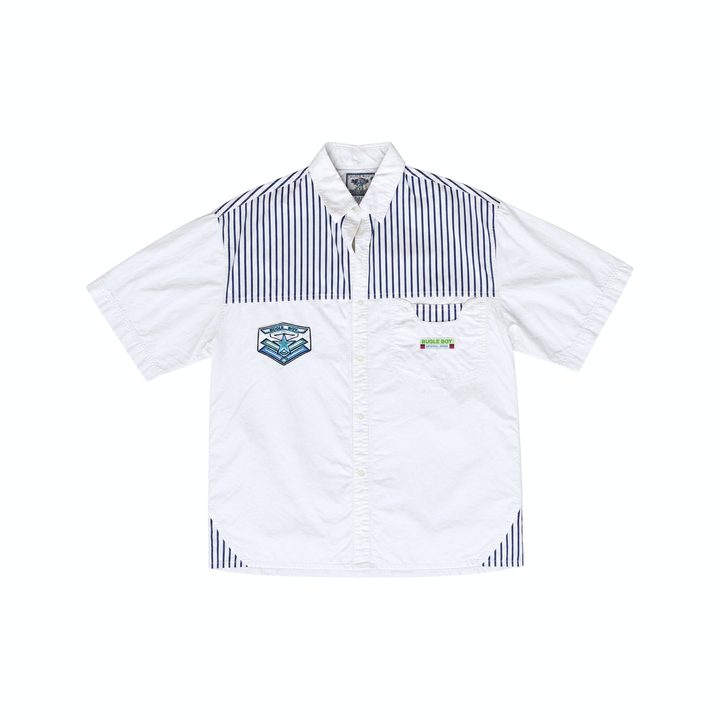 Vintage 90s Blue &amp; White Striped Bugle Boy Short Sleeve Button-Up Shirt